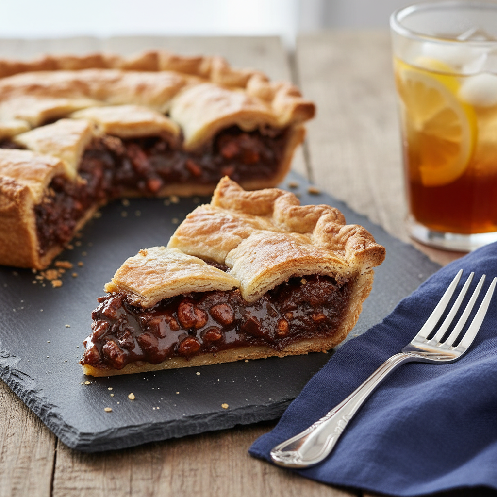 A meticulous close-up of a slice of warm Kentucky Derby pie on a matte slate serving board, the flaky golden crust clearly layered and the gooey chocolate and nut filling glistening with a slight sheen. Beside it rests a silver dessert fork and a neatly folded navy linen napkin. The background shows a blurred hint of a wooden farmhouse table and a frosted glass of iced tea. Soft window light from the left creates gentle highlights on the crust and filling, with subtle, natural shadows for depth. Captured from a slightly elevated angle with a shallow depth of field, the composition feels intimate yet clean, showcasing regional cuisine in a refined, photographic realism perfect for a professional travel blog.