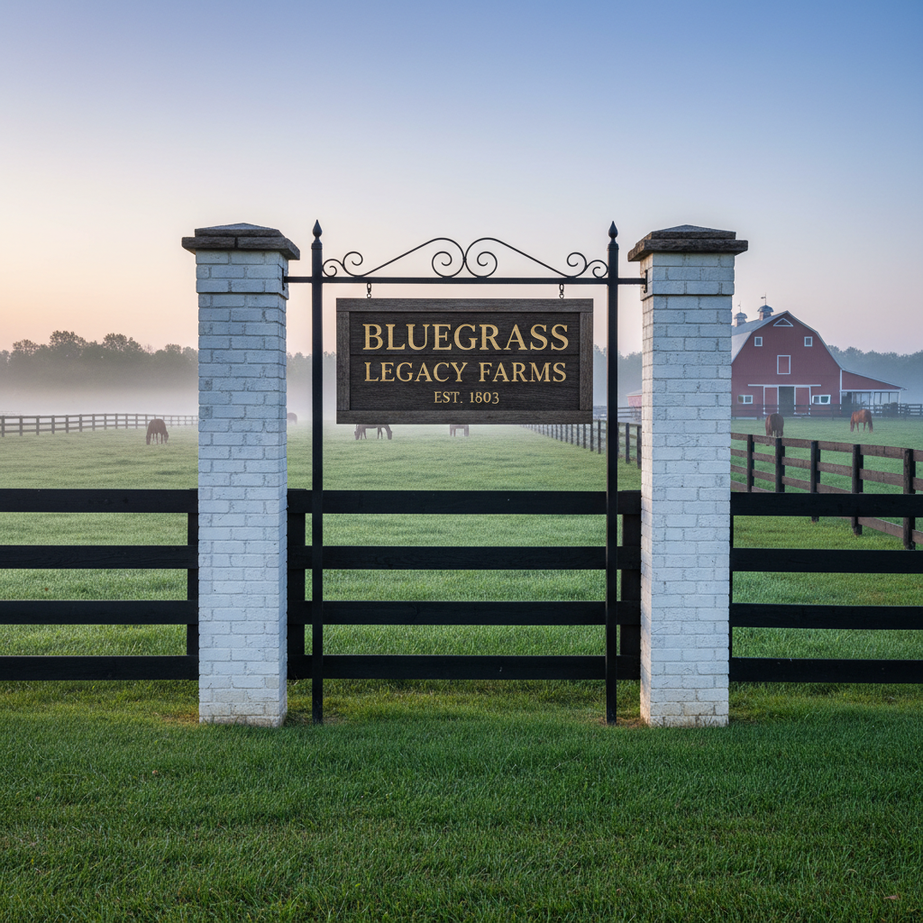 A classic Kentucky horse farm entrance sign constructed of weathered dark wood and black wrought iron, displaying an elegant farm name in gold serif lettering, mounted between two white brick pillars. Behind it extends a perfectly maintained black plank fence, guiding the eye toward a distant, well-kept barn and neat pastures of vibrant green. Early morning mist lingers just above the grass, softening the distant background. Cool, diffused sunrise light illuminates the sign’s texture and the subtle sheen of dew on the fence rails. Framed using the rule of thirds from a standing, eye-level viewpoint, the image has a polished, documentary feel, ideal for illustrating authentic equestrian heritage in Kentucky tourism content.