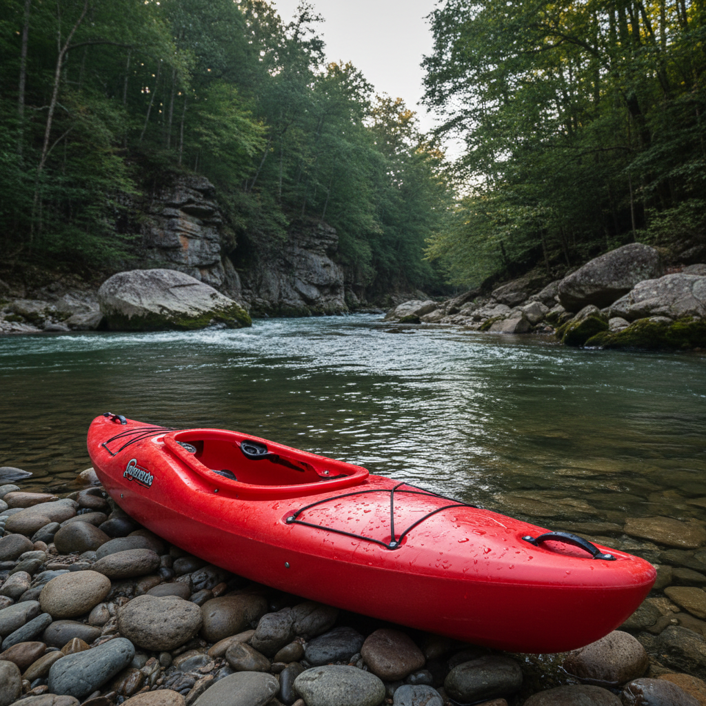 A pristine whitewater kayak resting on the smooth, rocky shoreline of a Kentucky river, its bright red, slightly scuffed hull glistening with droplets of water. The river flows steadily beside it, clear and greenish-blue, weaving past rounded boulders and dense, tree-covered cliffs typical of the state’s rugged gorges. Late afternoon sunlight filters through the canopy, casting dappled light patterns on the kayak and water surface. Shot from a low, three-quarter angle with the kayak in the foreground and the river stretching into the distance, the composition suggests adventure while remaining calm and orderly. The photographic style is crisp and realistic, emphasizing textures of wet plastic, river rock, and moss-covered stone for a professional outdoor tourism feature.