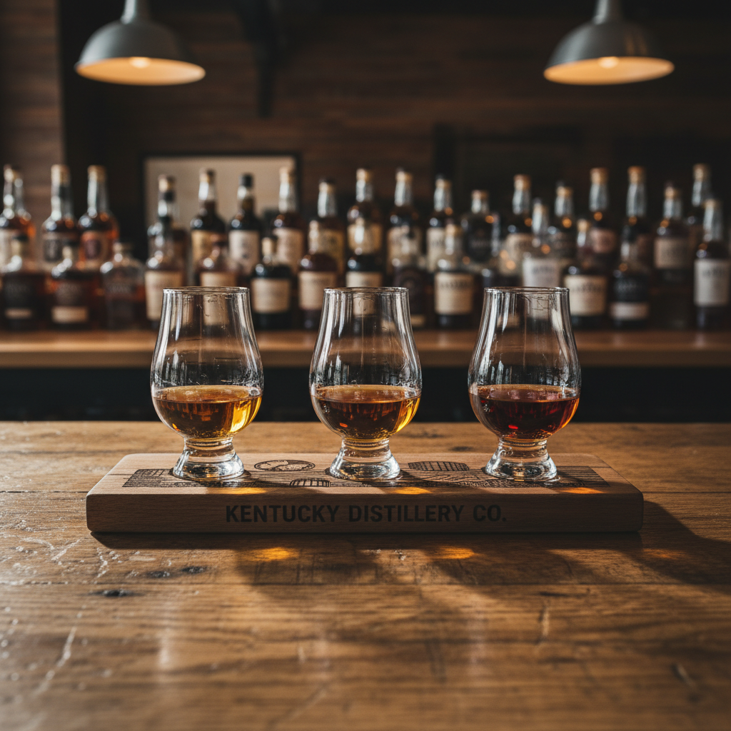 An immaculate bourbon tasting setup on a reclaimed oak bar top, featuring three crystal-clear Glencairn glasses filled with amber bourbon of varying hues, arranged in a precise line on a branded wooden flight board engraved with subtle Kentucky motifs. Behind them, shelves of neatly organized bourbon bottles fade into a soft bokeh. Warm, low bar lighting from overhead pendants reflects off the glass and polished wood, creating highlights along the rims and rich shadows beneath. Captured at eye level with a shallow depth of field, the focus is on the clarity of the liquid and the texture of the wood. The atmosphere is refined, professional, and distinctly Kentuckian, rendered in clean photographic realism.