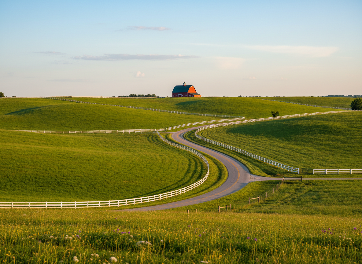 A sweeping panoramic view of rolling Kentucky hills covered in lush, early-summer bluegrass, with a narrow country road gently curving through the landscape. White wooden fence lines trace the contours of the fields, and a distant, stately barn with a dark green roof anchors the horizon. Soft golden hour sunlight bathes the scene, creating long, gentle shadows and a warm, inviting glow on the grass. Photographed from a slightly elevated, wide-angle perspective with sharp focus throughout, the composition feels expansive yet calm. The sky is a clear, pale blue with a few wispy clouds, reinforcing a professional, photographic realism ideal for a Kentucky tourism blog homepage.